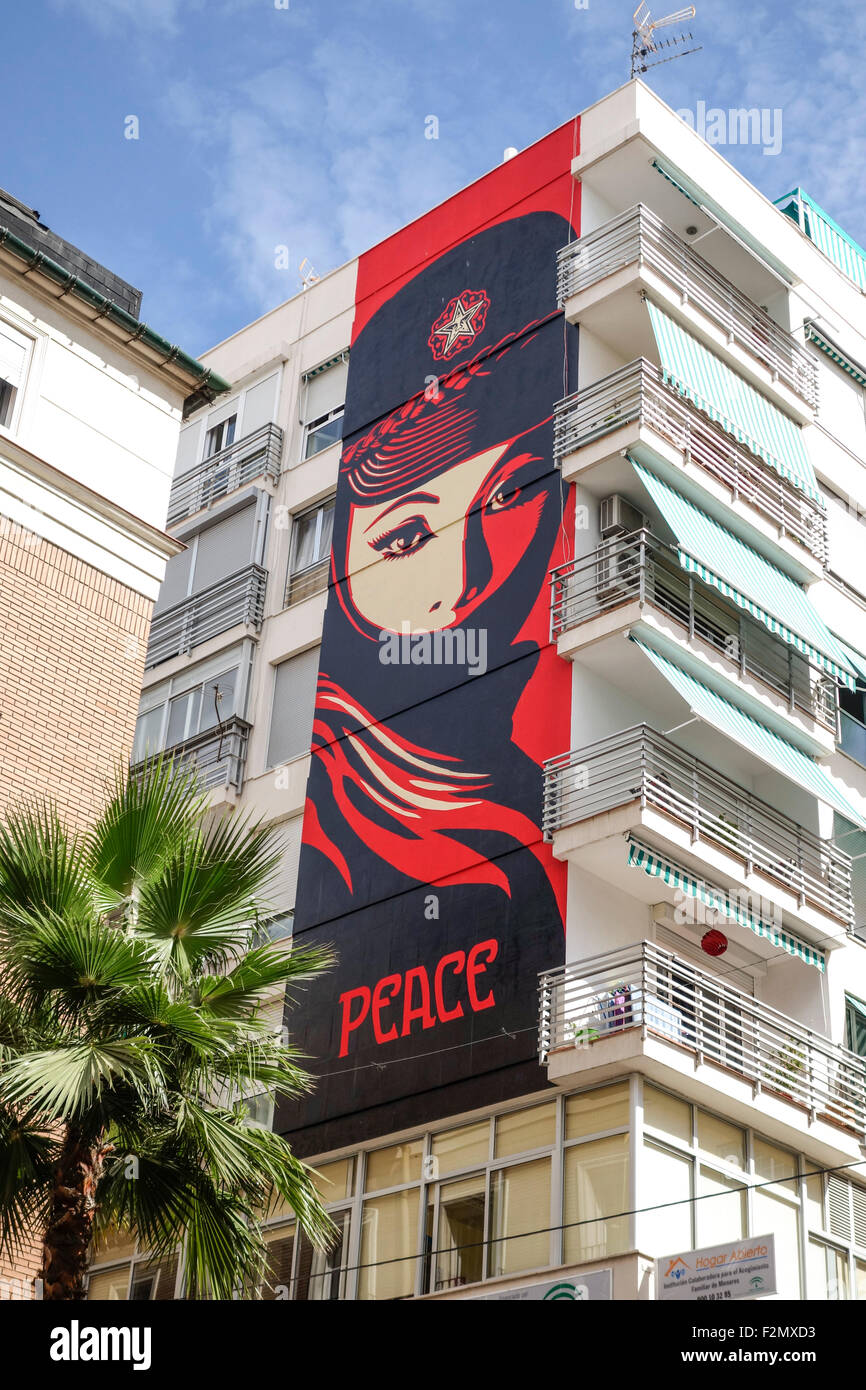 Mural painting of Obey Giant, Shepard Fairey, in Malaga Soho, art district, Andalusia, Spain. Stock Photo