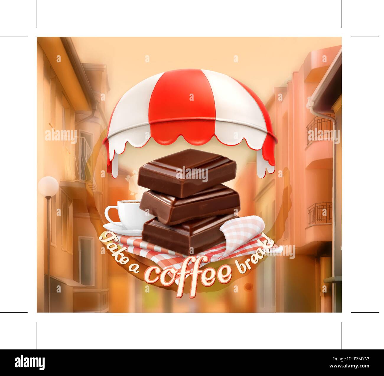 Pieces of chocolate and cup of coffee, awning over entrance, promotional sign, street background, invitation to a break, lunch t Stock Vector