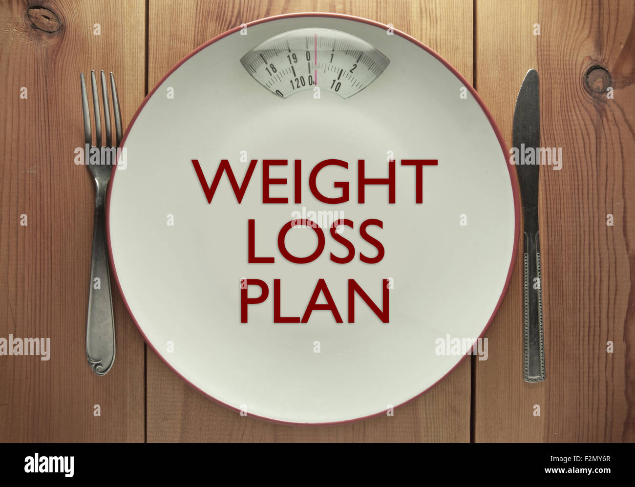 Weight loss plan printed on a plate with bathroom scales Stock Photo