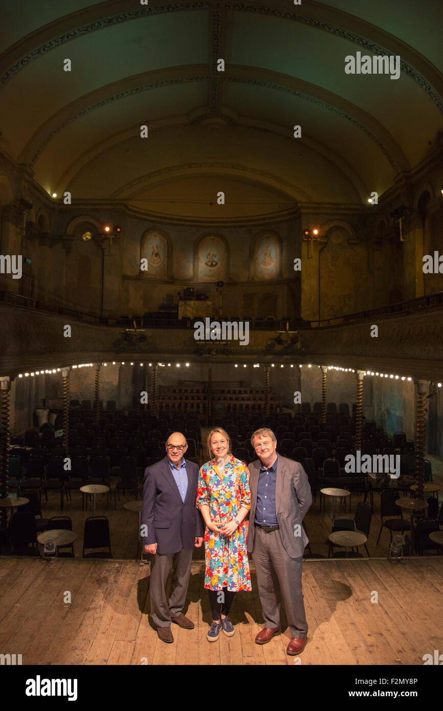 L-R: Actor David Suchet, a long-time supporter of and Campaign Patron for the Capital Project, Frances Mayhew, Artistic Director of Wilton’s and architect Tim Ronalds. Wilton’s Music Hall is one of the last and oldest surviving grand music halls in the world and has been refurbished for GBP 4m with funding from the Capital Project. The Capital Project to repair Wilton’s started in 2011 (Phase 1) with the repair of the main auditorium space. Wilton’s has now arrived at the end of the final phase (Phase 2) of works which has seen many p Stock Photo