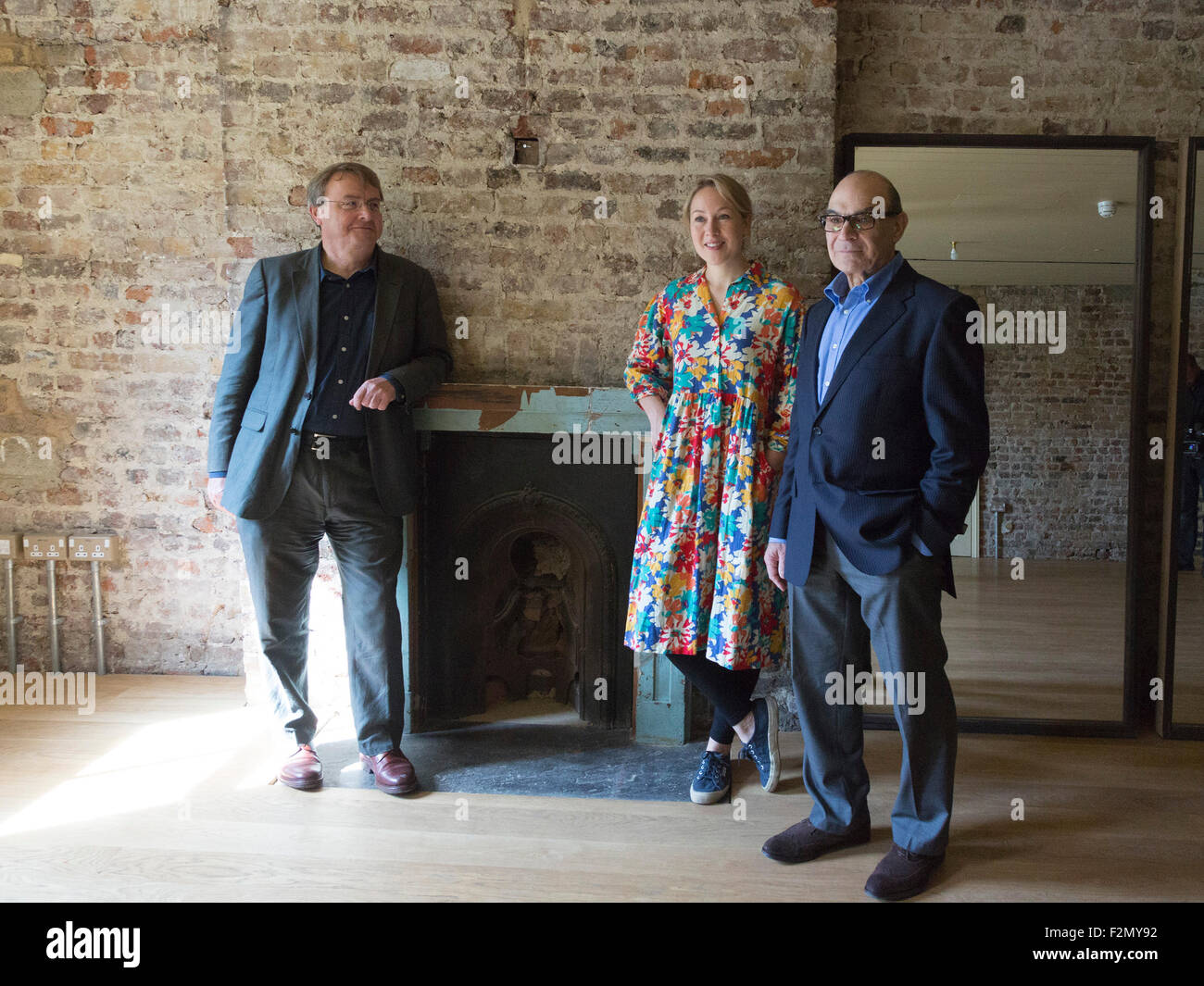L-R: Architect Tim Ronalds, Frances Mayhew, Artistic Director of Wilton’s and actor David Suchet, a long-time supporter of and Campaign Patron for the Capital Project. Wilton’s Music Hall is one of the last and oldest surviving grand music halls in the world and has been refurbished for GBP 4m with funding from the Capital Project. The Capital Project to repair Wilton’s started in 2011 (Phase 1) with the repair of the main auditorium space. Wilton’s has now arrived at the end of the final phase (Phase 2) of works which has seen many p Stock Photo