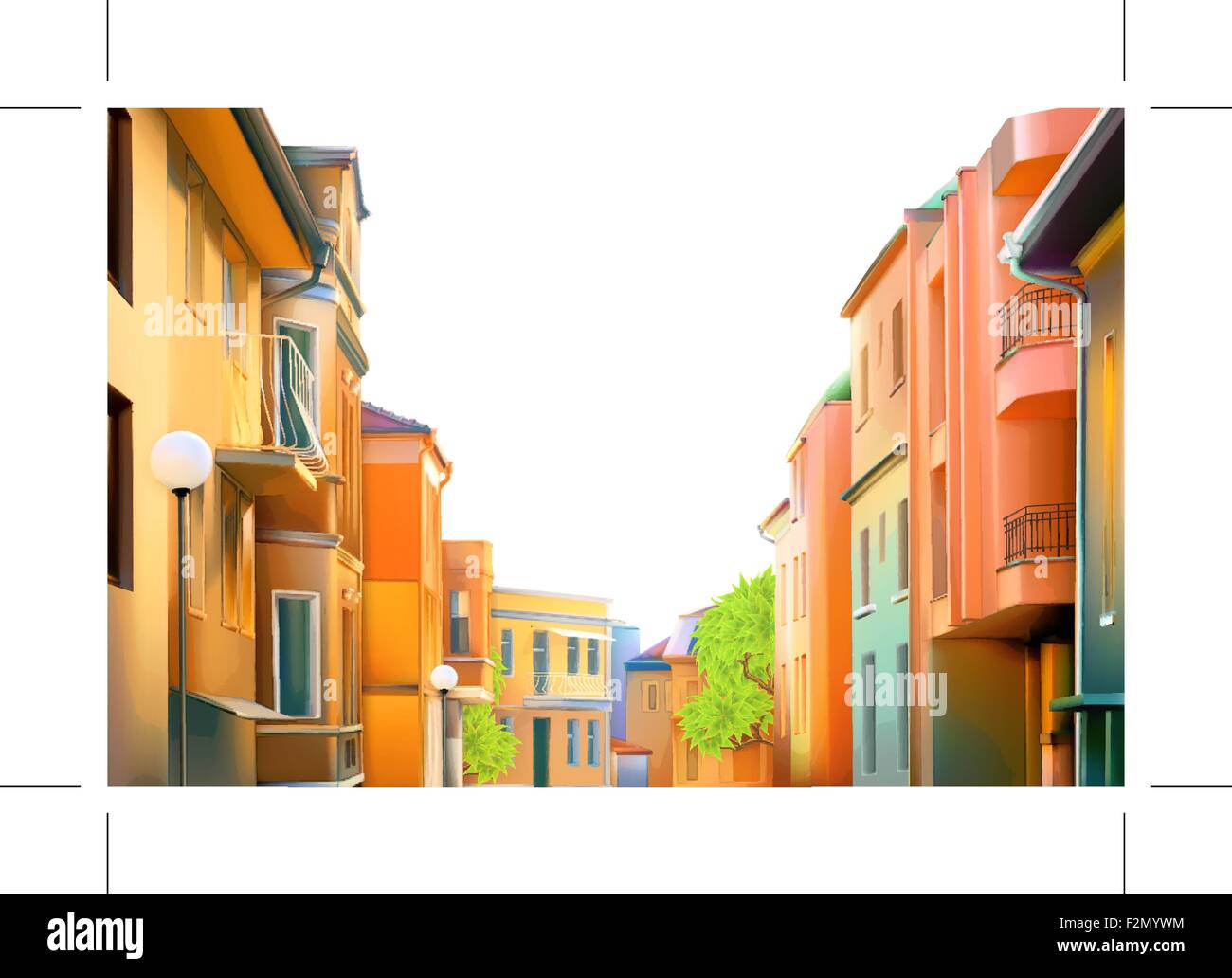 Urban landscape, a typical residential street of the provincial town, vector illustration, cozy houses in the background, beauti Stock Vector