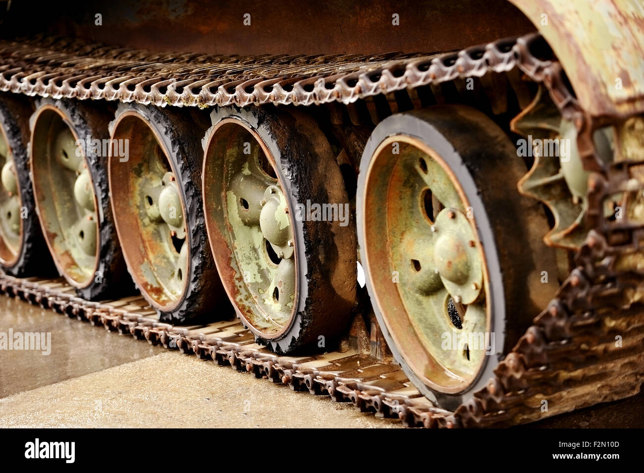 Detail shot with old tank tracks and wheels Stock Photo