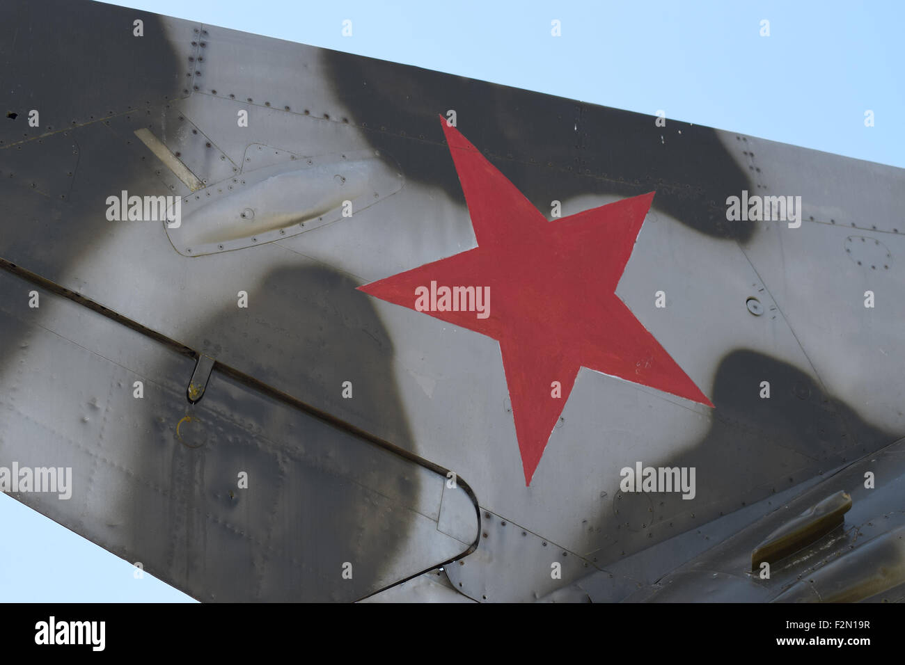 Monument to the fighter aircraft. Back steering wing of the fighter aircraft. Monument of military memory and glory. Stock Photo