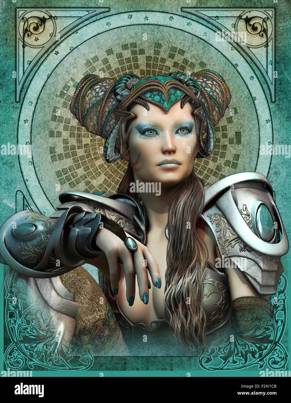 3d computer graphics of a young woman with a fantasy armor and headdress Stock Photo