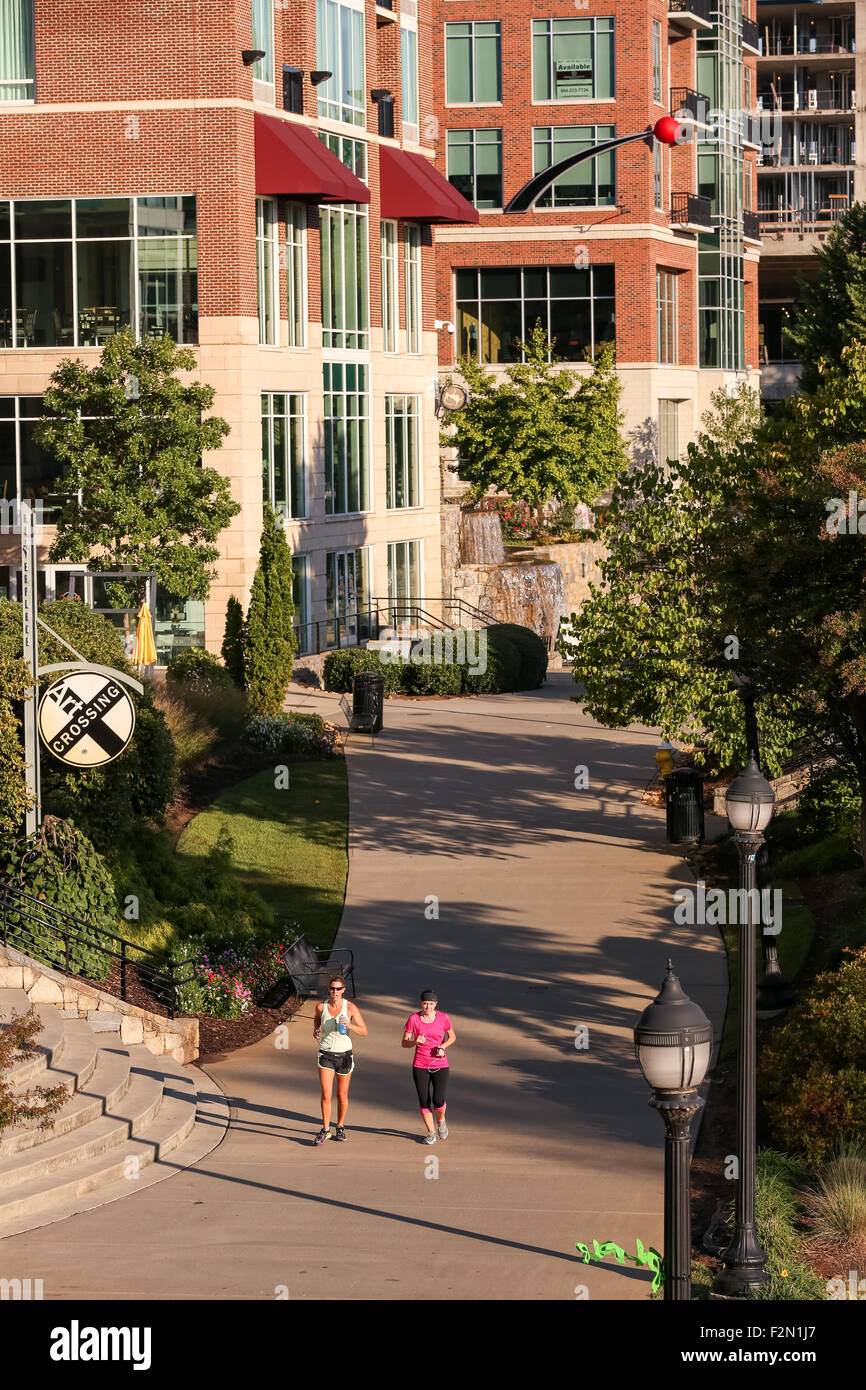 The Swamp Rabbit Trail at Art Crossing River Place on the Reedy River in downtown Greenville, South Carolina. Stock Photo