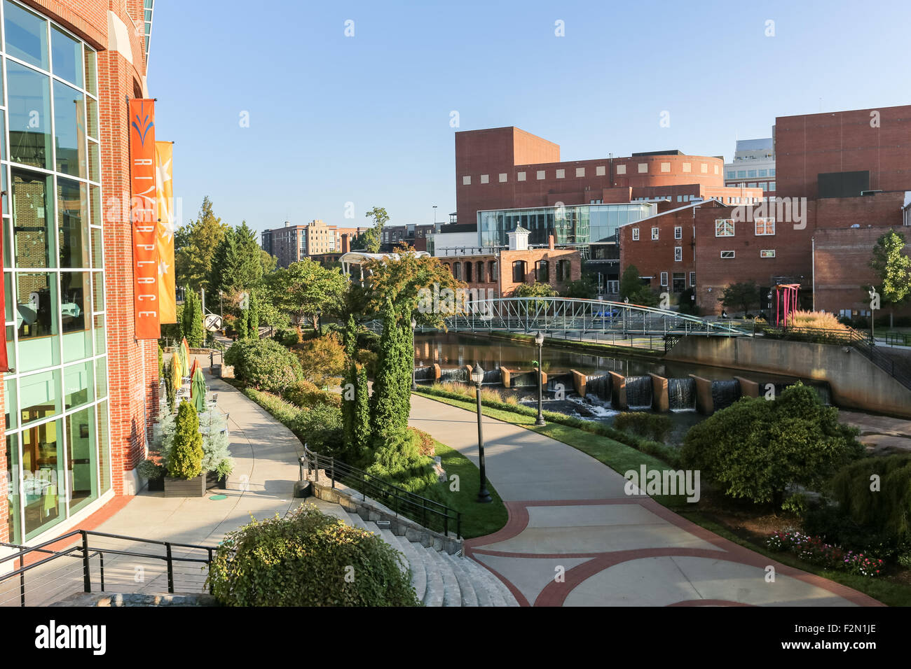 The Swamp Rabbit Trail at Art Crossing River Place on the Reedy River in downtown Greenville, South Carolina. Stock Photo