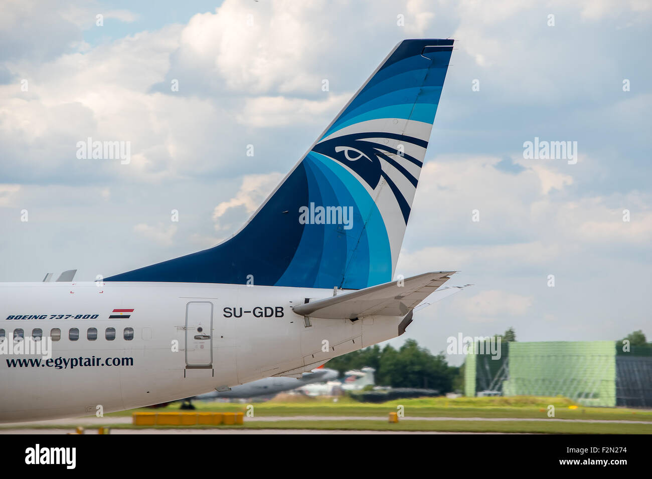 MANCHESTER, UNITED KINGDOM - AUG 07, 2015: EgyptAir Boeing 737 tail livery at Manchester Airport Aug 07 2015. Stock Photo