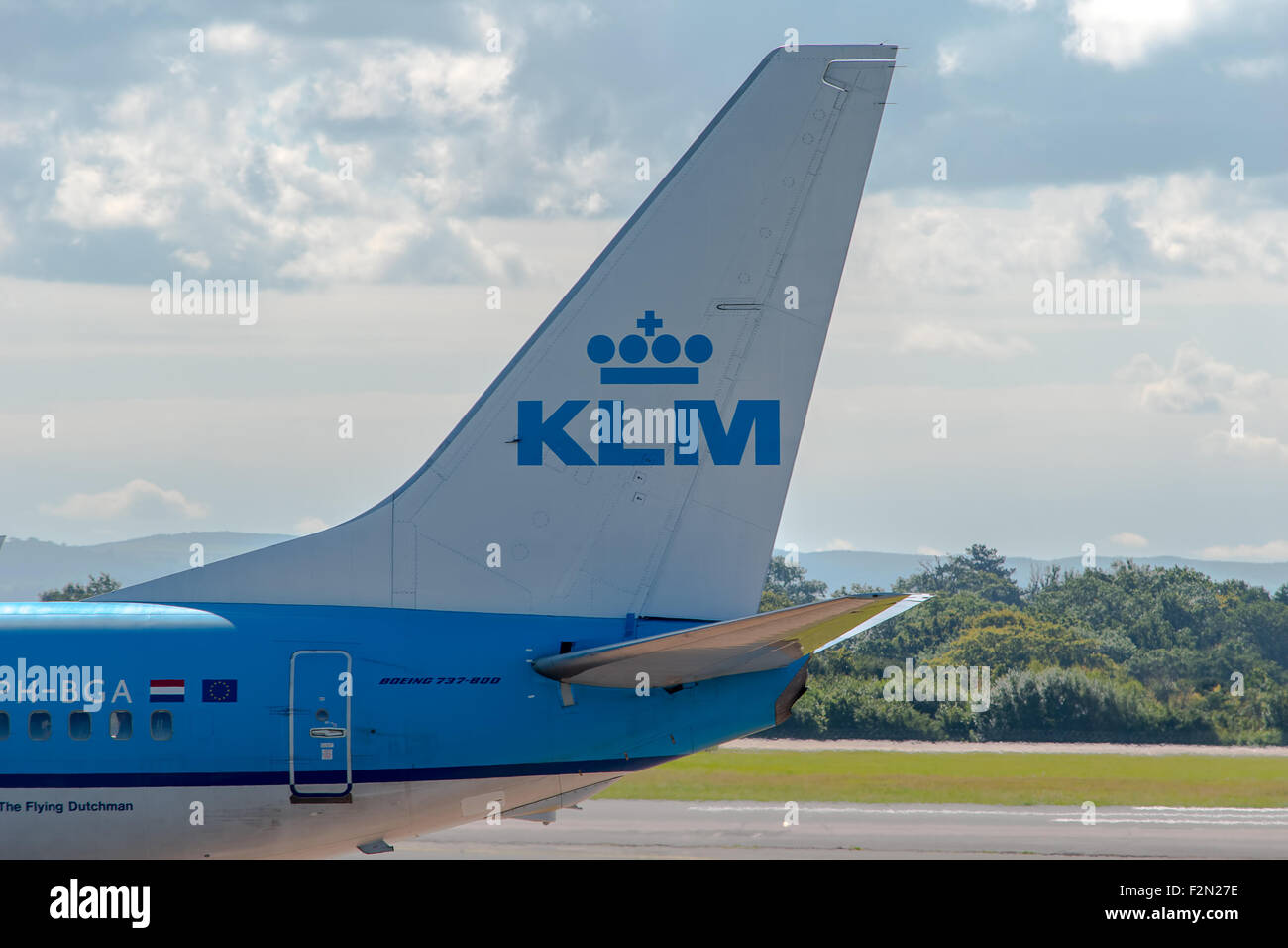 MANCHESTER, UNITED KINGDOM - AUG 07, 2015: KLM Royal Dutch Airlines Boeing 737 tail livery at Manchester Airport Aug 07 2015. Stock Photo