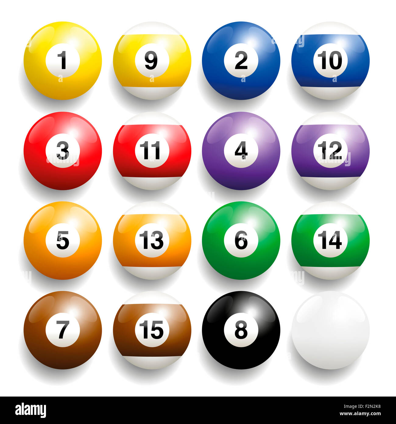 Billiard balls - commonly used colors. Three-dimensional and realistic looking, illustration on white background. Stock Photo
