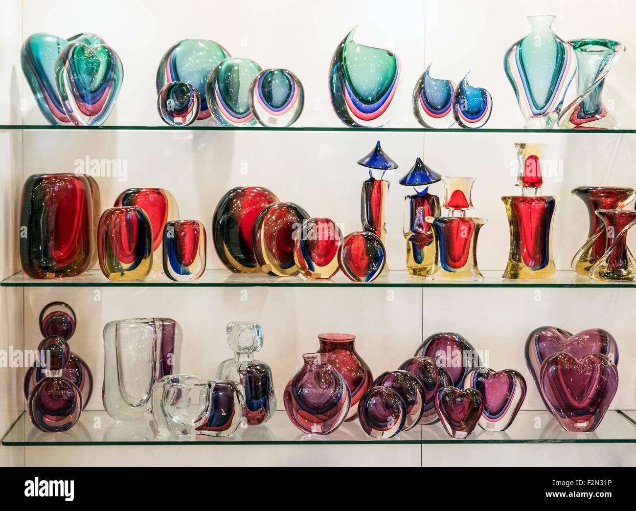 Glass gallery on the Venitian island of Murano, Italy. Famous for it's many furnaces and hand made glass. Stock Photo