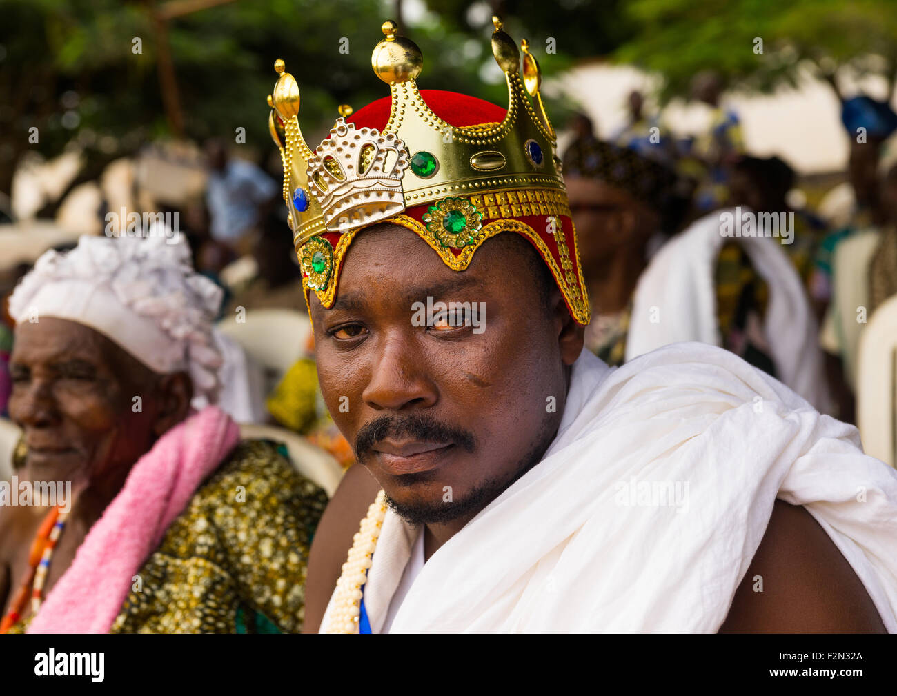 Benin, West Africa, Ouidah, beninese traditional king with a plastic crown Stock Photo