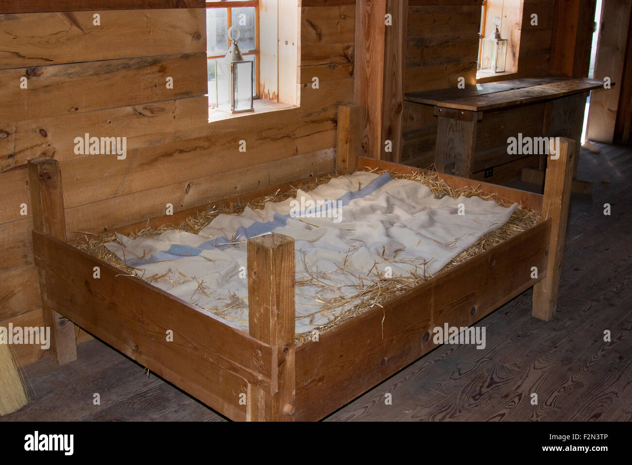 American Revolutionary war a soldiers straw bed cot at Fort Stanwix In Rome New York USA America. Stock Photo