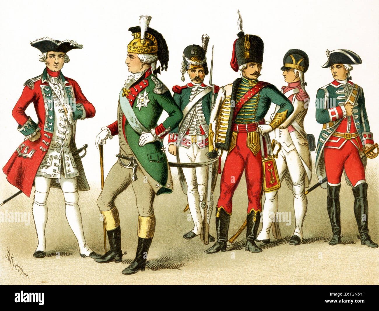 The figures pictured here represent military figures in Europe from around 1700. They are, from left to right: officer of the Swiss Guard, Colonel of Dragoons, Grenadier General, Officer of Hussars, Infantry of the Line, Body Guard. The illustration dates to 1882. Stock Photo
