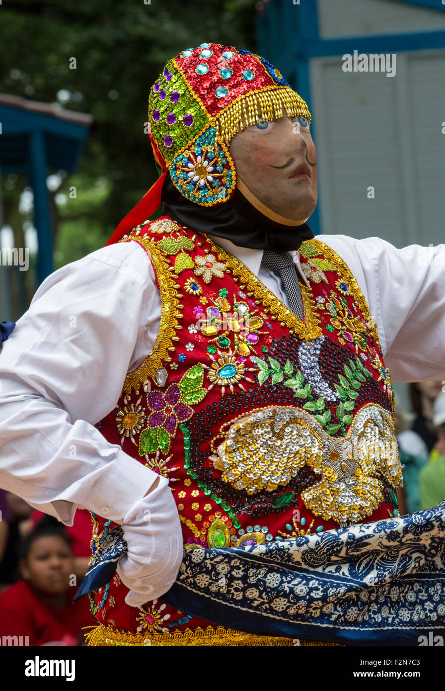 Peruvian Contradanza Troupe Performs Celebration of the Fiesta de la Virgen del Carmen de Paucartambo. Stock Photo