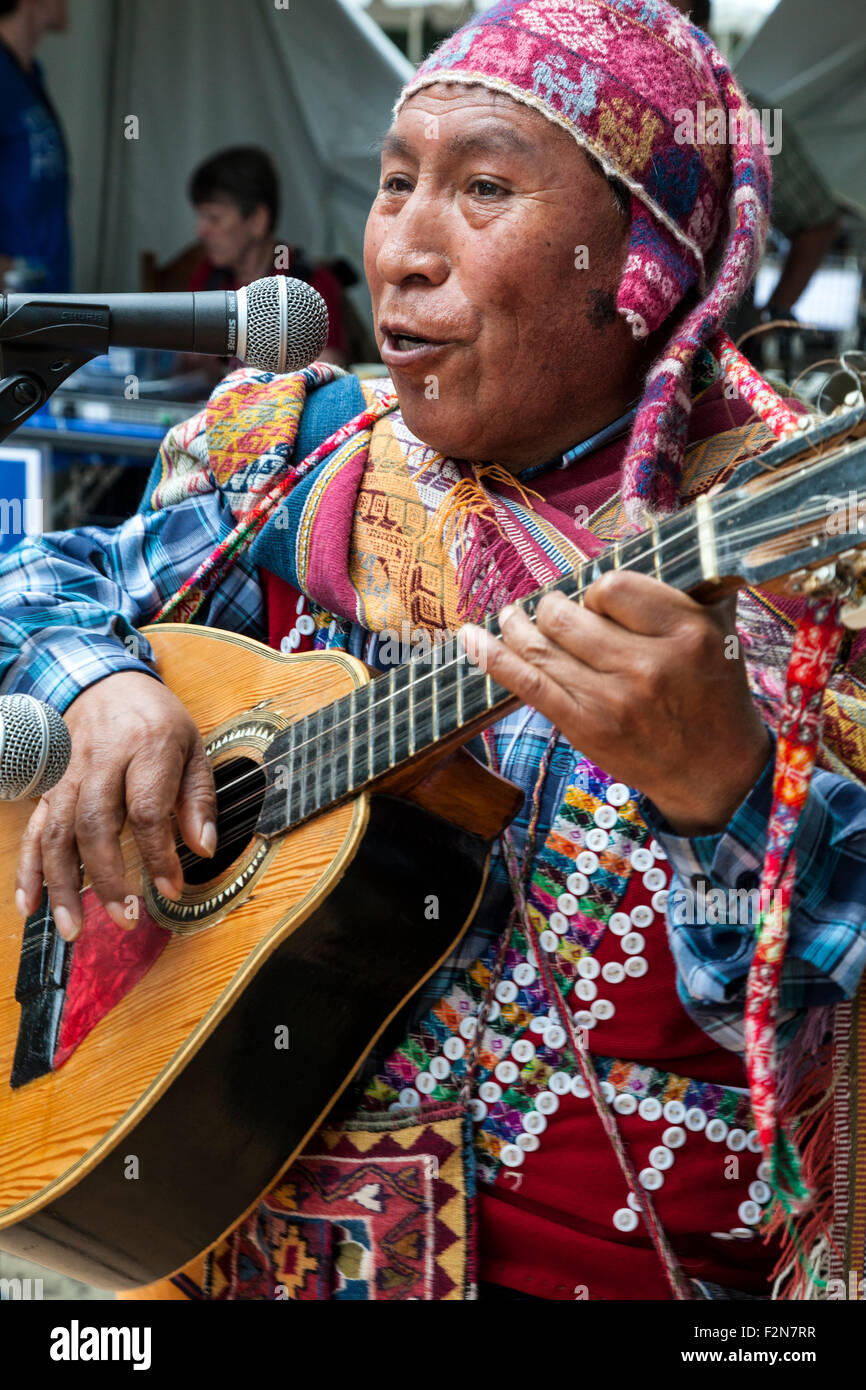 Quechua Musician Playing the Guitar. Stock Photo