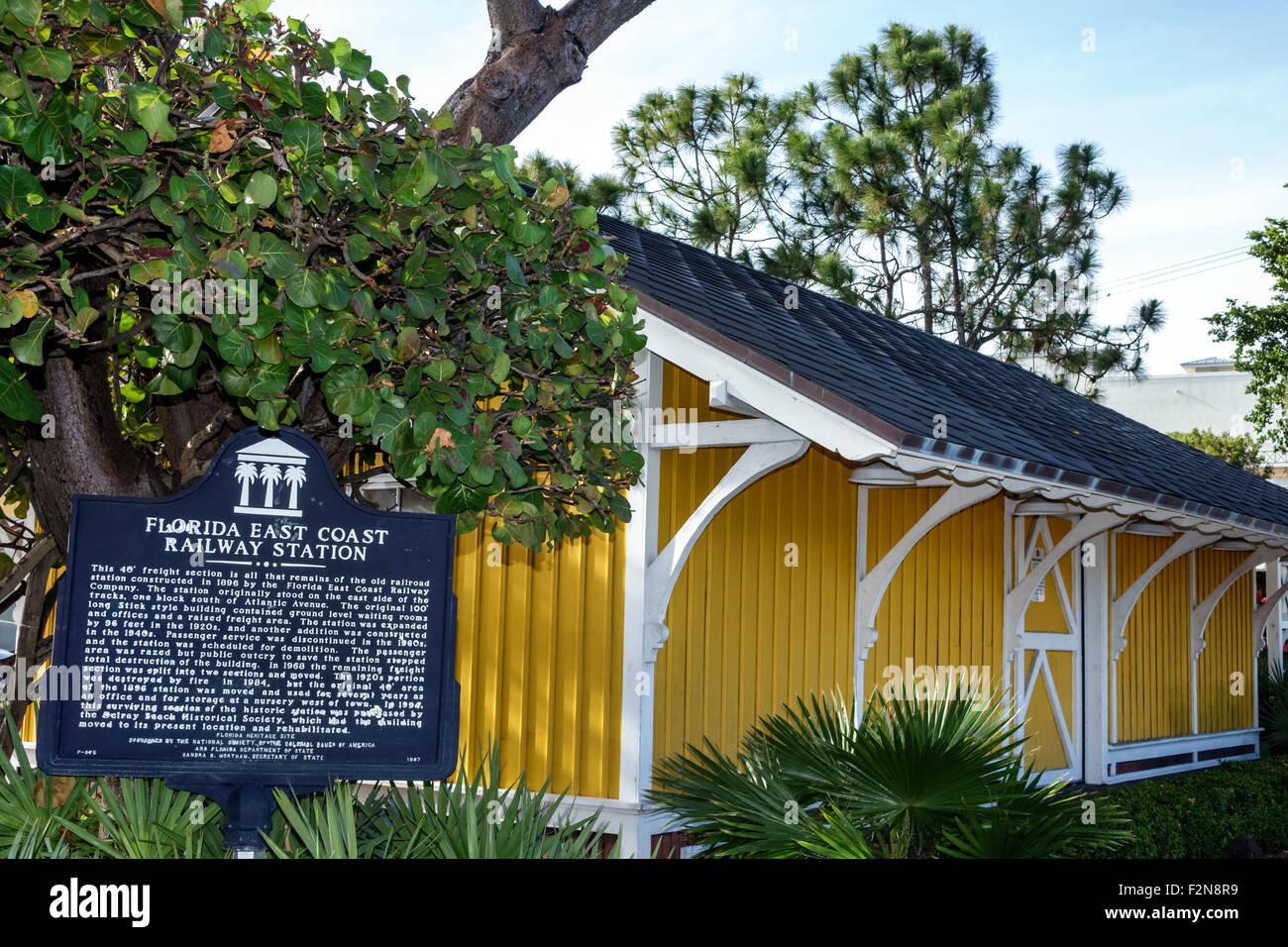 Delray Beach Florida,train,depot,East Coast railway station,renovated,restored,historical marker,sign,FL150414055 Stock Photo