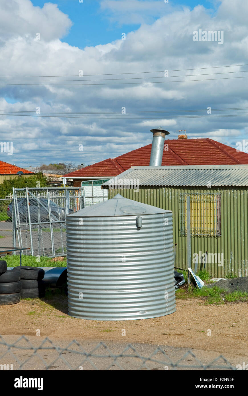 Water tank in back yard garden of a house in Adelaide, South Australia