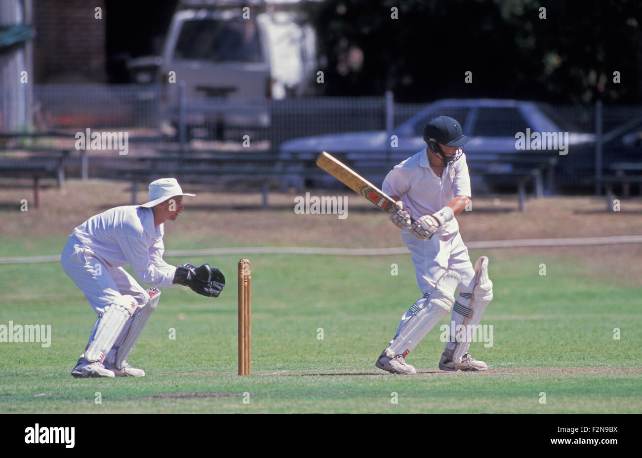 Game of cricket in progress, New South Wales, Australia Stock Photo
