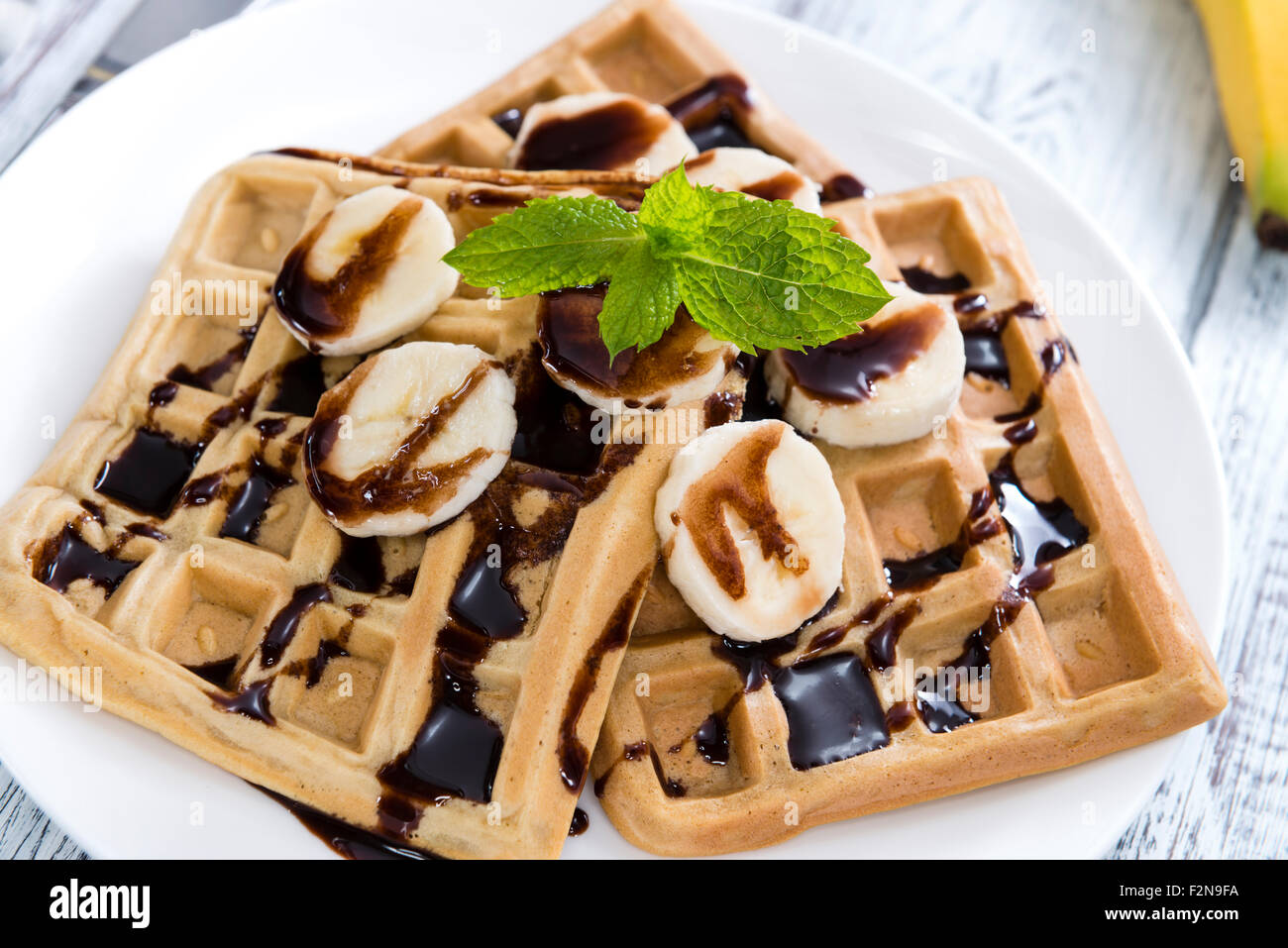 Waffles With Bananas And Chocolate Sauce Close Up Shot Stock Photo Alamy Waffles With Bananas And Chocolate Sauce Close Up Shot Stock Photo Alamy