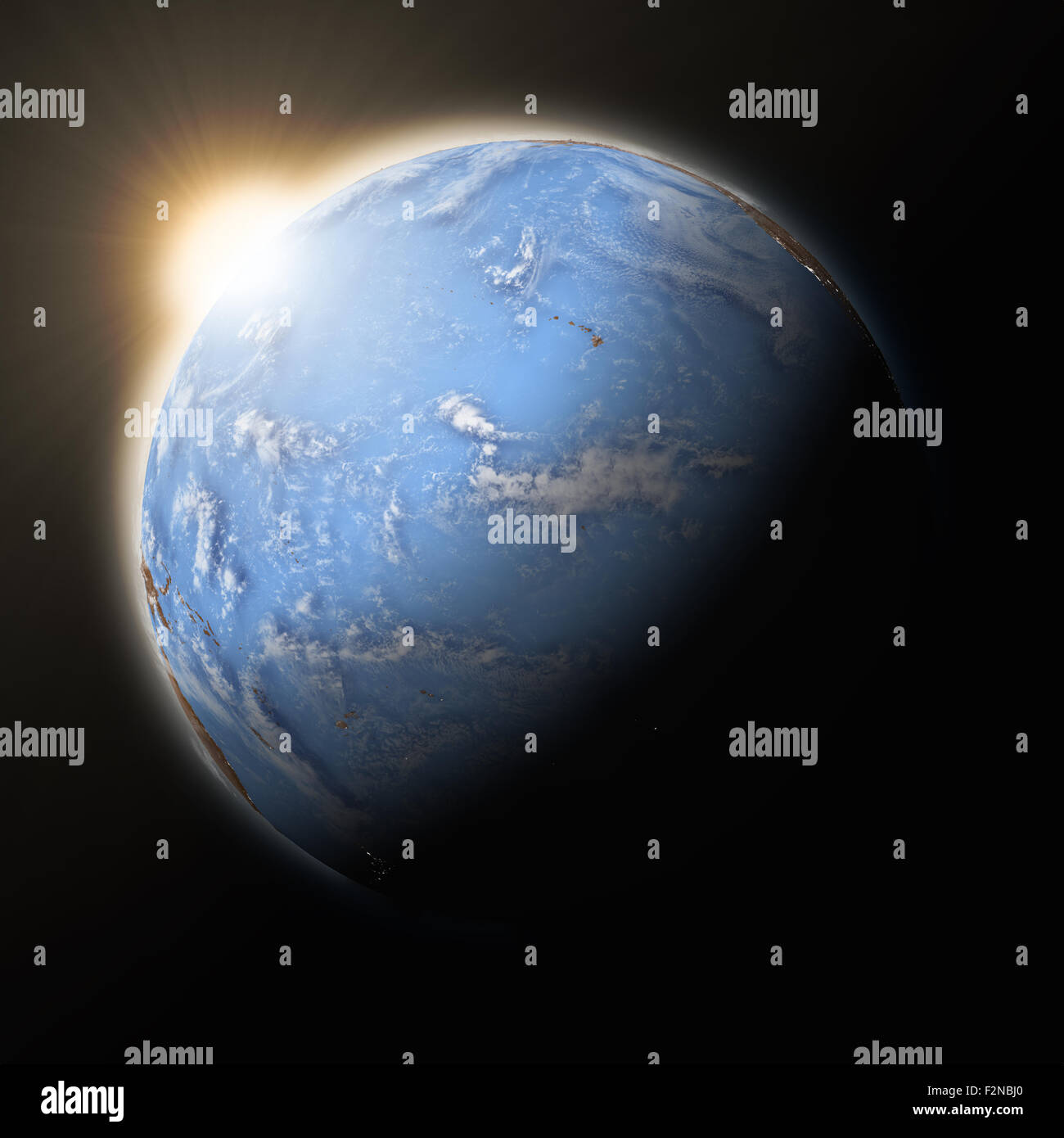 Sun over Pacific Ocean on blue planet Earth isolated on black ...