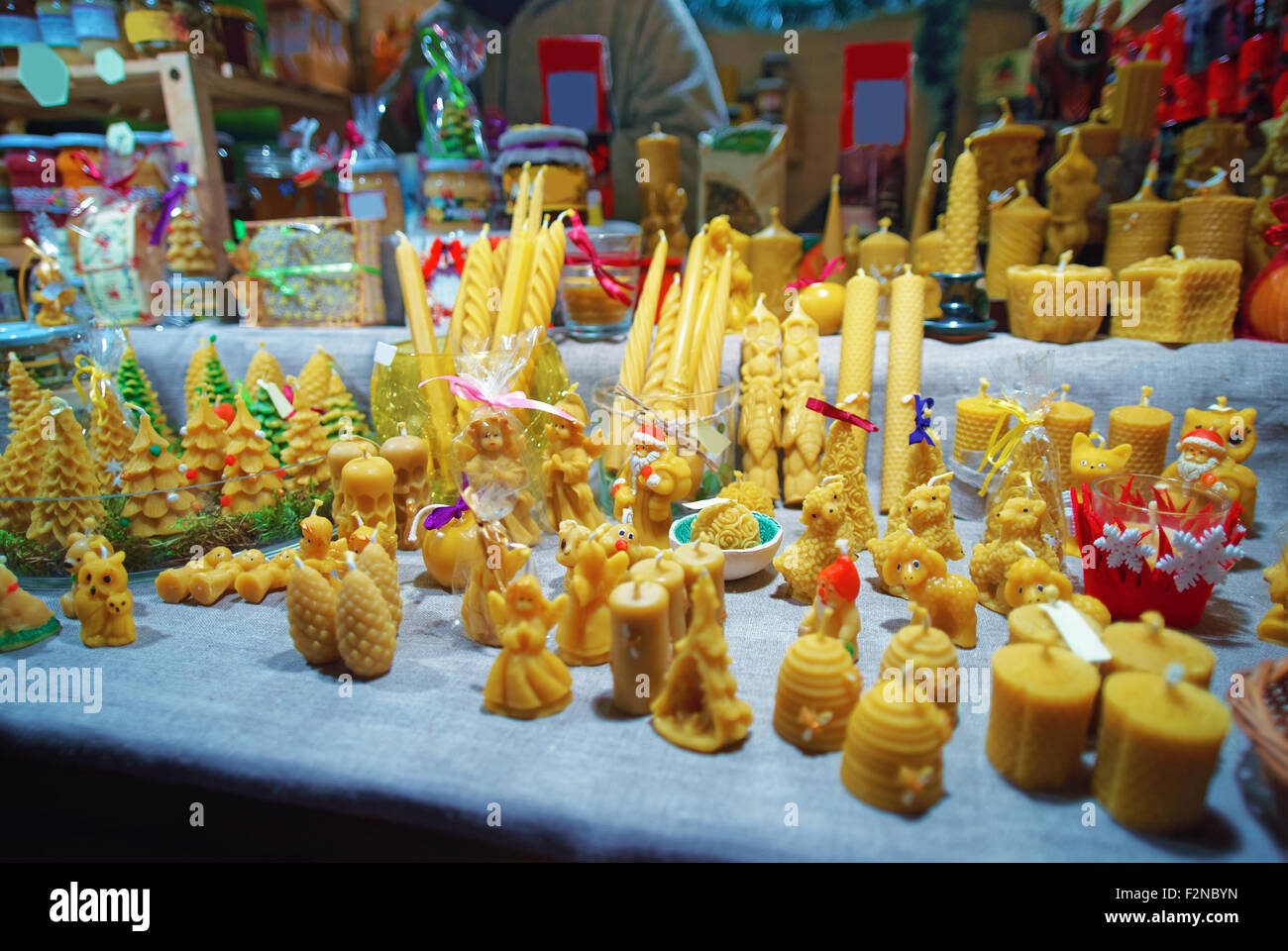 Natural wax candles stall at the European Christmas market in Riga Old
