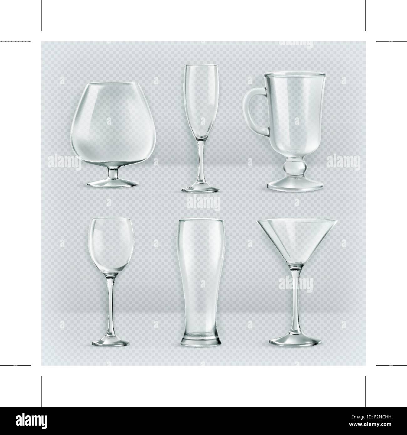 Set of transparent glasses goblets, cocktail glasses collection, vector illustration, icons Stock Vector
