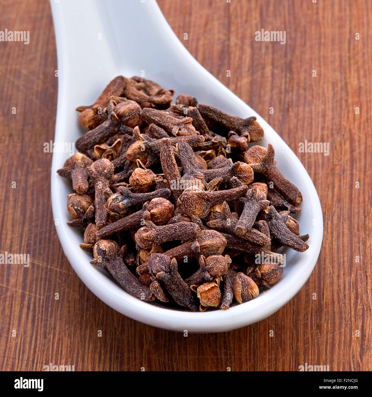 Clove spices seed in ceramic spoon on wood table Stock Photo