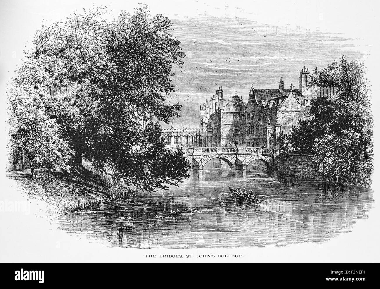 The Bridge, St John's College, Cambridge Illustration from 'The British isles - Cassell Petter & Galpin Part 6 Picturesque Europe. Picturesque Europe was an illustrated set of Magazines published by Cassell, Petter, Galpin & Co. of London, Paris and New York in 1877. The publications depicted tourist haunts in Europe, with text descriptions and steel and wood engravings by eminent artists of the time, such as Harry Fenn, William H J Boot, Thomas C. L. Rowbotham, Henry T. Green , Myles B. Foster, John Mogford , David H. McKewan, William L. Leitch, Edmund M. Wimperis and Joseph B. Smith. Stock Photo