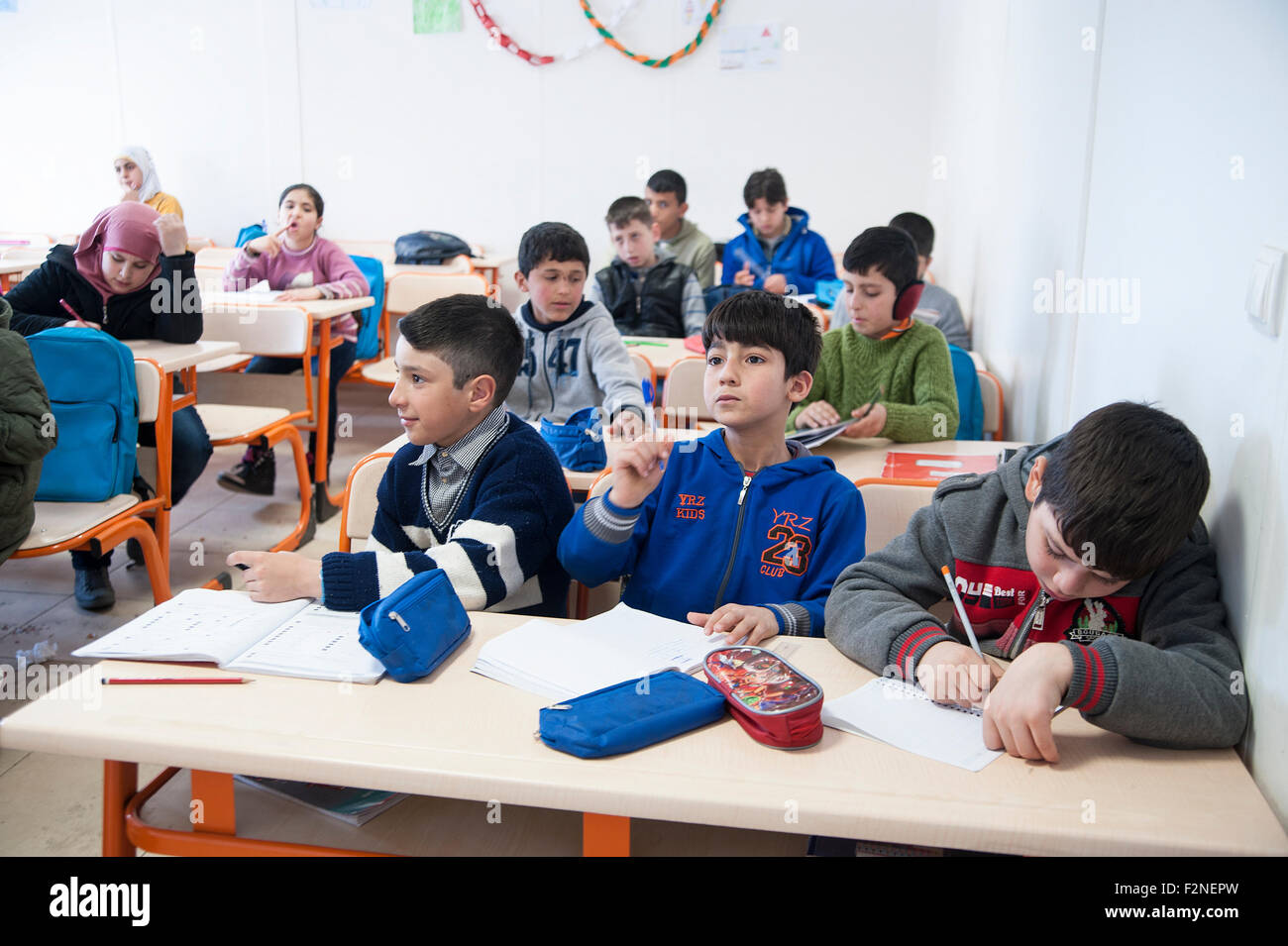 TURKEY, KILIS: A Unicef school caters for more than 1000 Syrian refugee children. They are taught in two shifts. Stock Photo