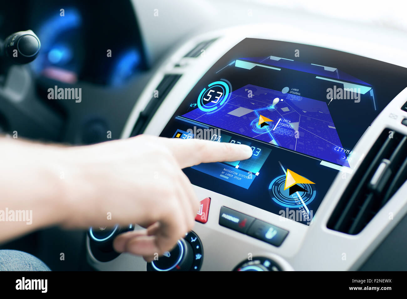 male hand using navigation system on car dashboard Stock Photo Alamy
