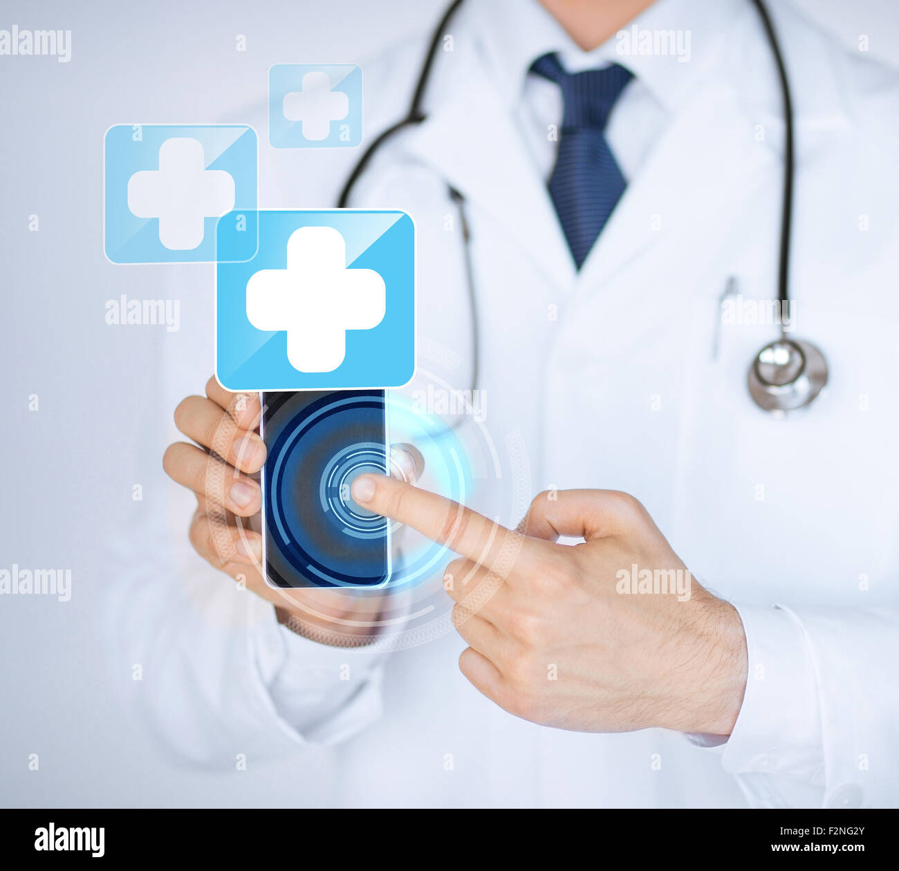 doctor holding smartphone with medical app Stock Photo - Alamy