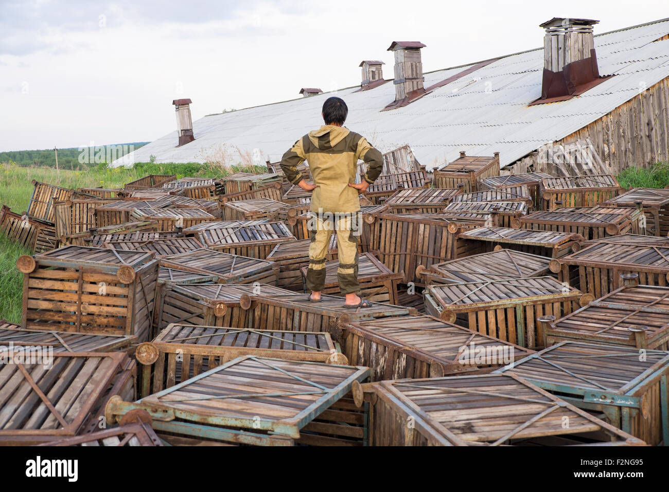 Mari man standing on wooden crates near roof Stock Photo Alamy