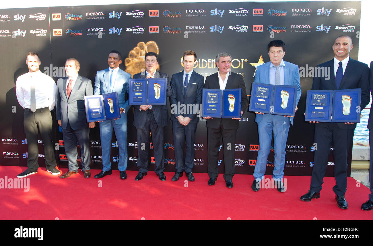 Monaco, September 21, 2015: Louis Ducruet (first son of Princess Stephanie of Monaco) at the Goldenfoot Football Awards together with the Goldenfoot Winner 2015, Samuel Eto o/picture alliance Stock Photo