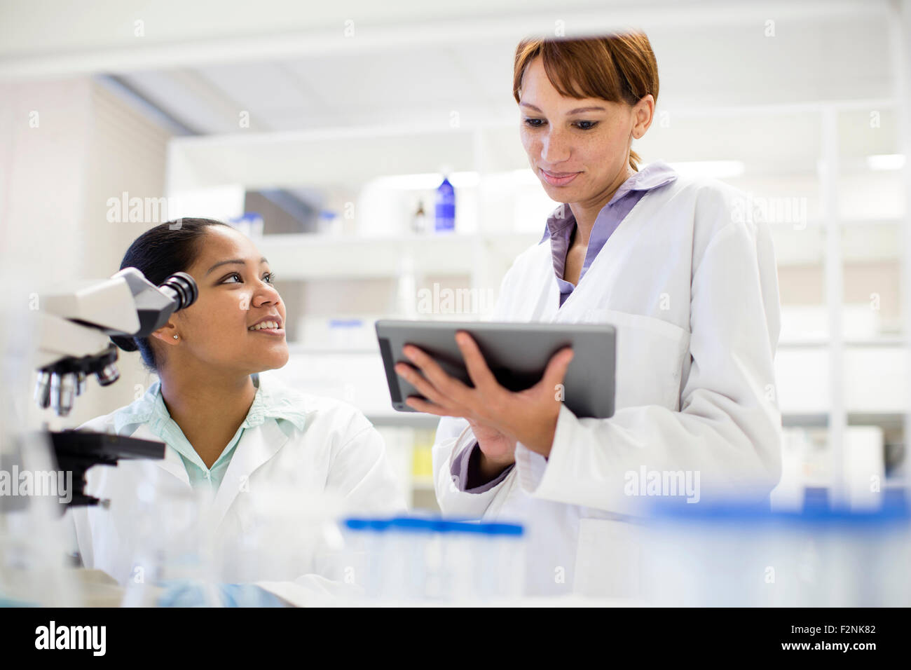 Scientists using digital tablet and microscope in laboratory Stock Photo