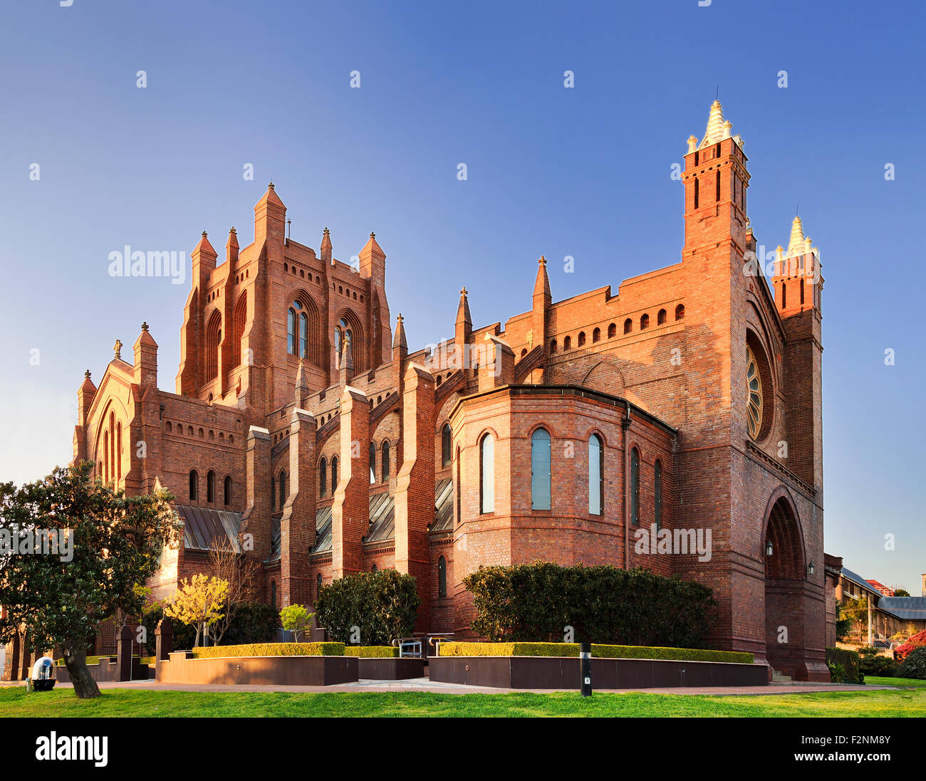 Gothic cathedral of Newcastle in Australia on a sunny bright morning with nobody around Stock Photo