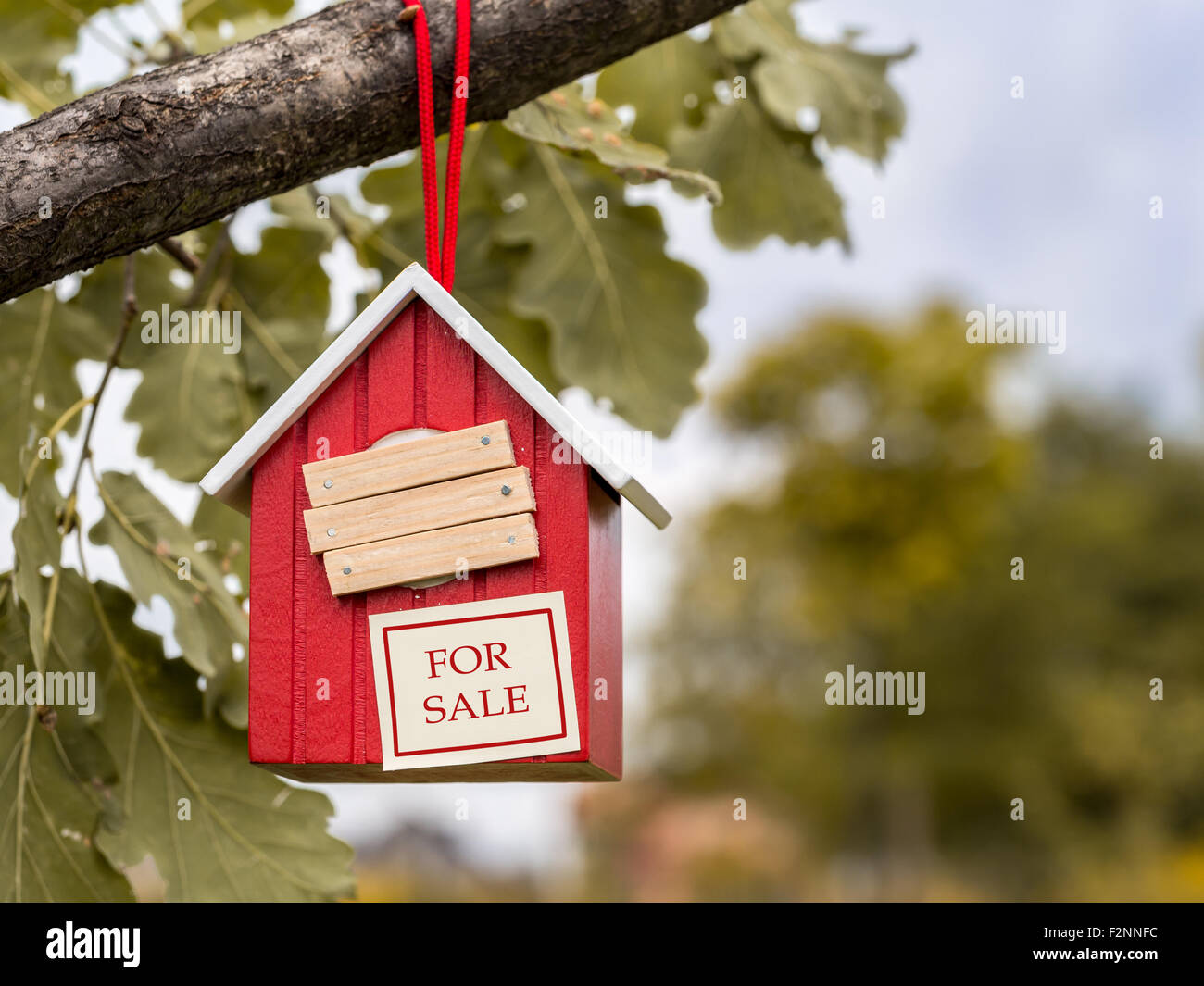 Wooden red birdhouse hanging on tree branch with entry hole covered with planks and note FOR SALE attached to it Stock Photo