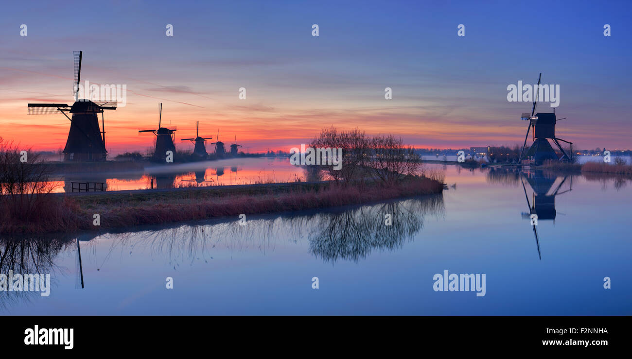 Traditional Dutch windmills with ground fog just before sunrise. Photographed at the famous Kinderdijk. Stock Photo