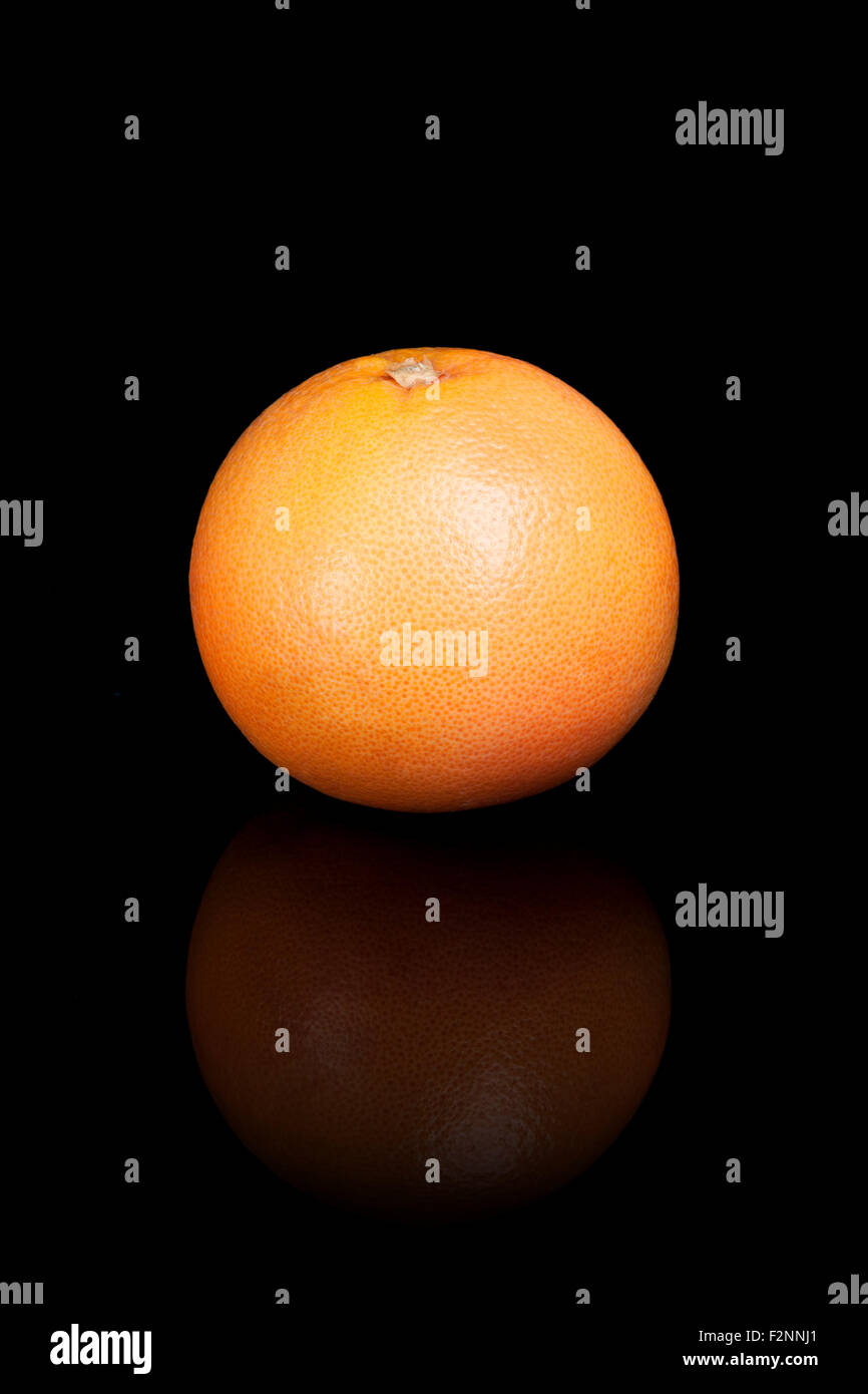 A grapefruit on a black reflective background. Stock Photo
