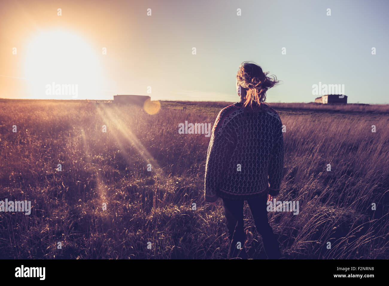 Young woman looking at the sunset in a field Stock Photo - Alamy