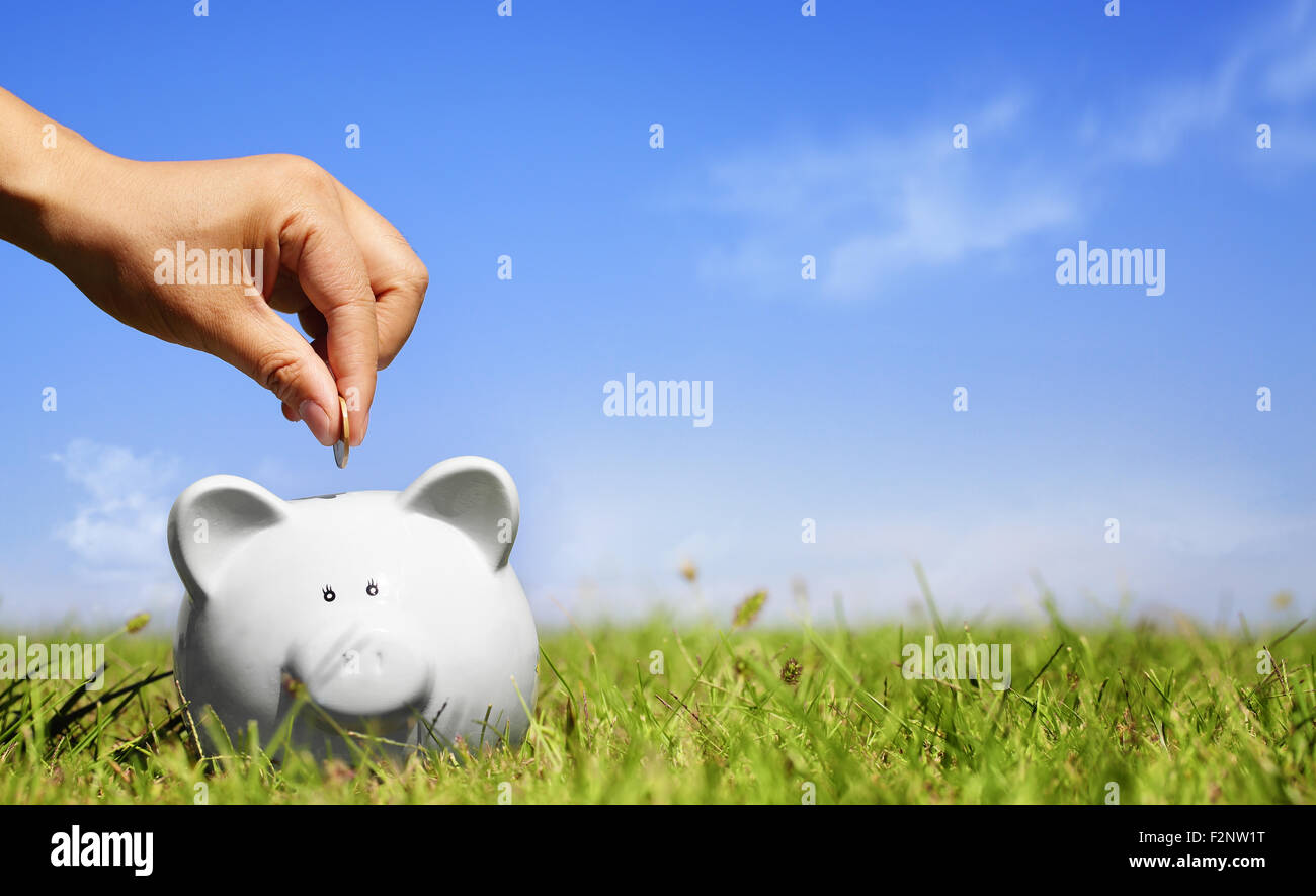 Coin bank sitting on grass with hand putting in a coin Stock Photo