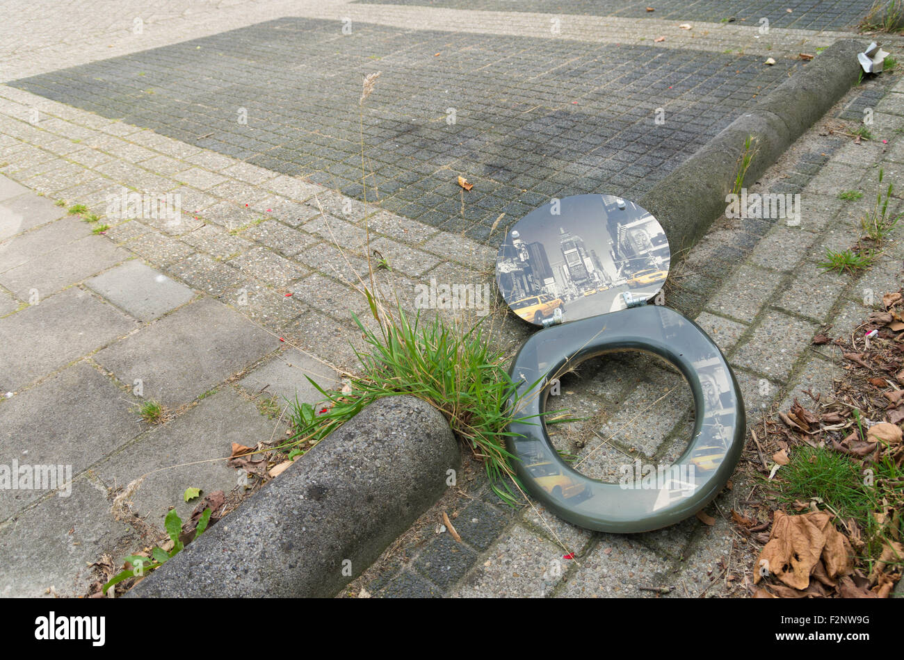 ALMELO, NETHERLANDS - AUGUST 8, 2015: Broken toilet seat with new york print on it left on the street Stock Photo