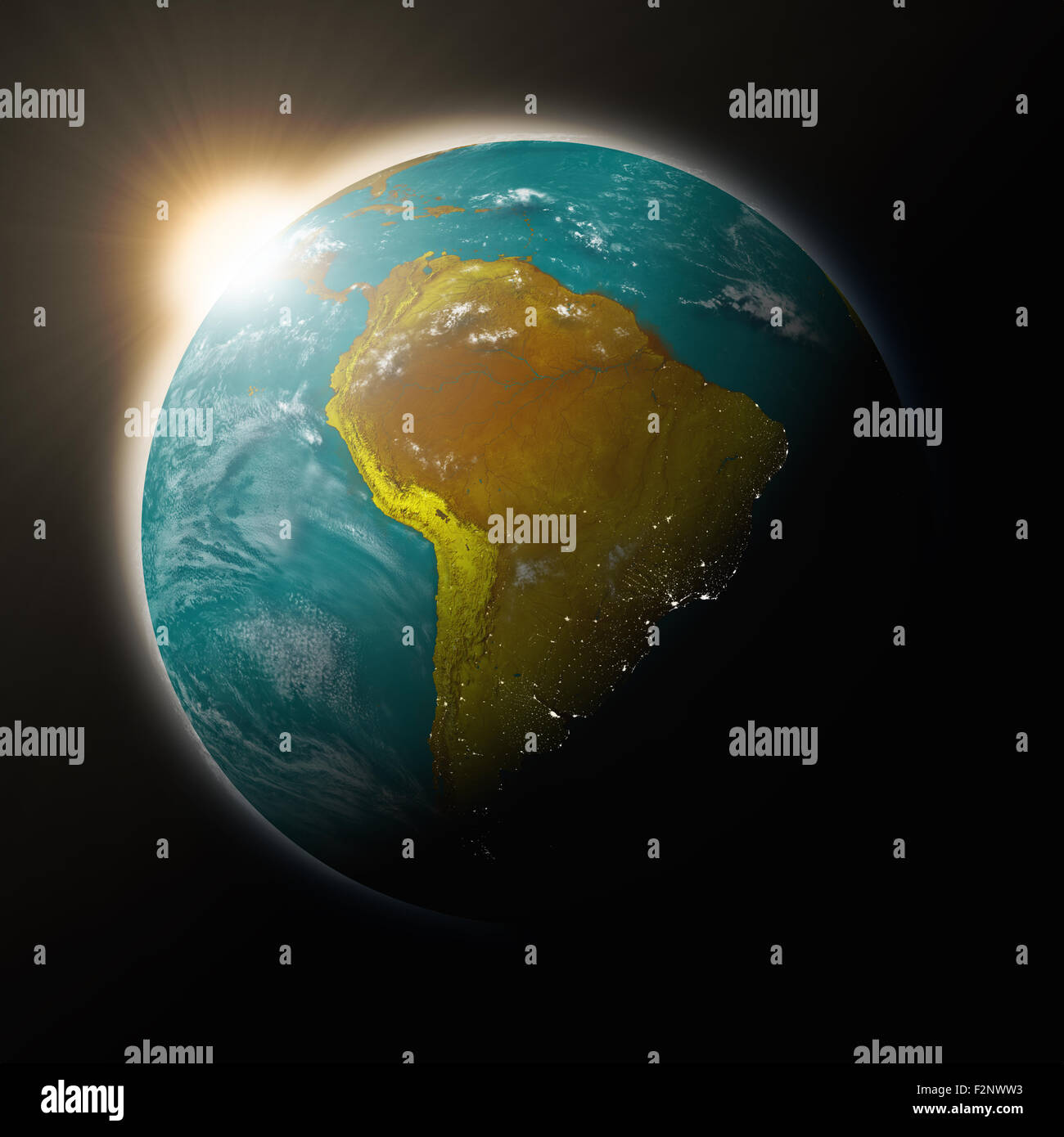 Sun over South America on blue planet Earth isolated on black ...