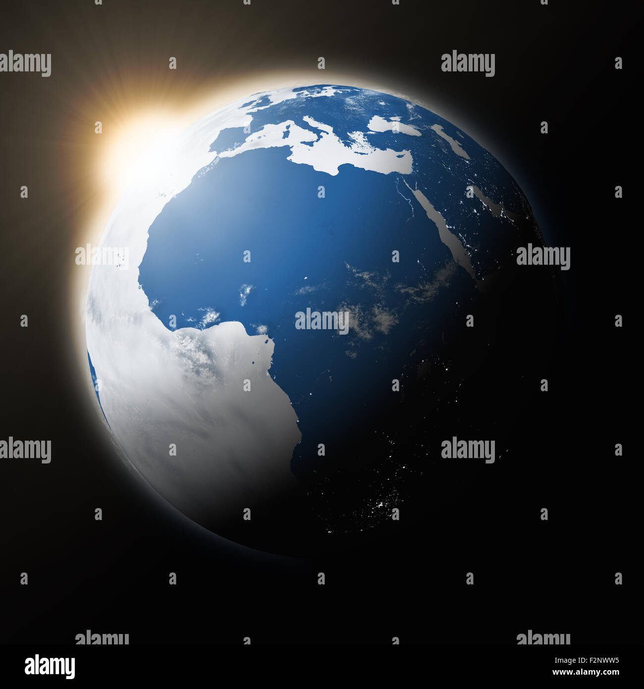 Sun over Africa on blue planet Earth isolated on black background ...