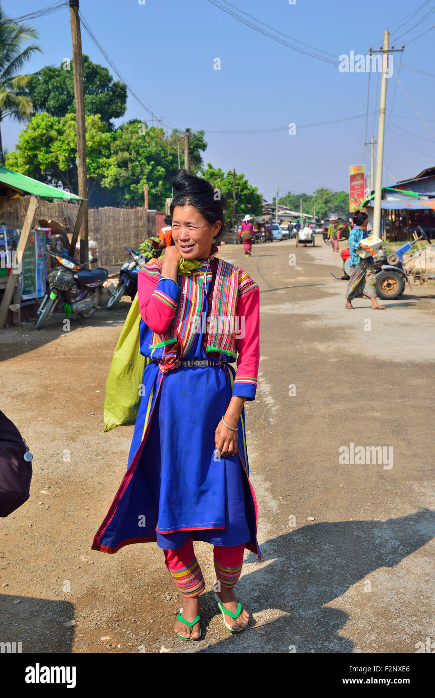Tribal woman at Phekhone (Phe-khone) Jetty, Phekhone Village,  Myanmar (Burma, Birma), Asia Stock Photo