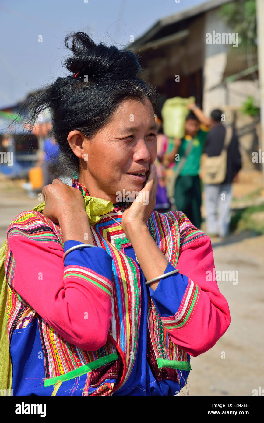 Tribal woman at Phekhone (Phe-khone) Jetty, Phekhone Village,  Myanmar (Burma, Birma), Asia Stock Photo