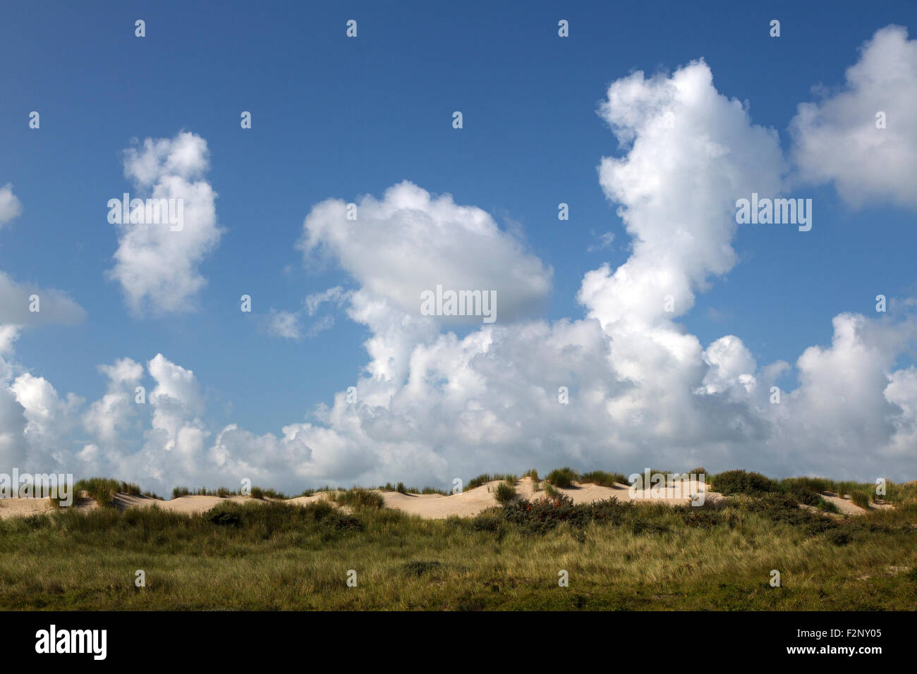 White clouds above dunes of Burgh-Haamstede, Schouwen-Duiveland, Zeeland, Netherlands Stock Photo