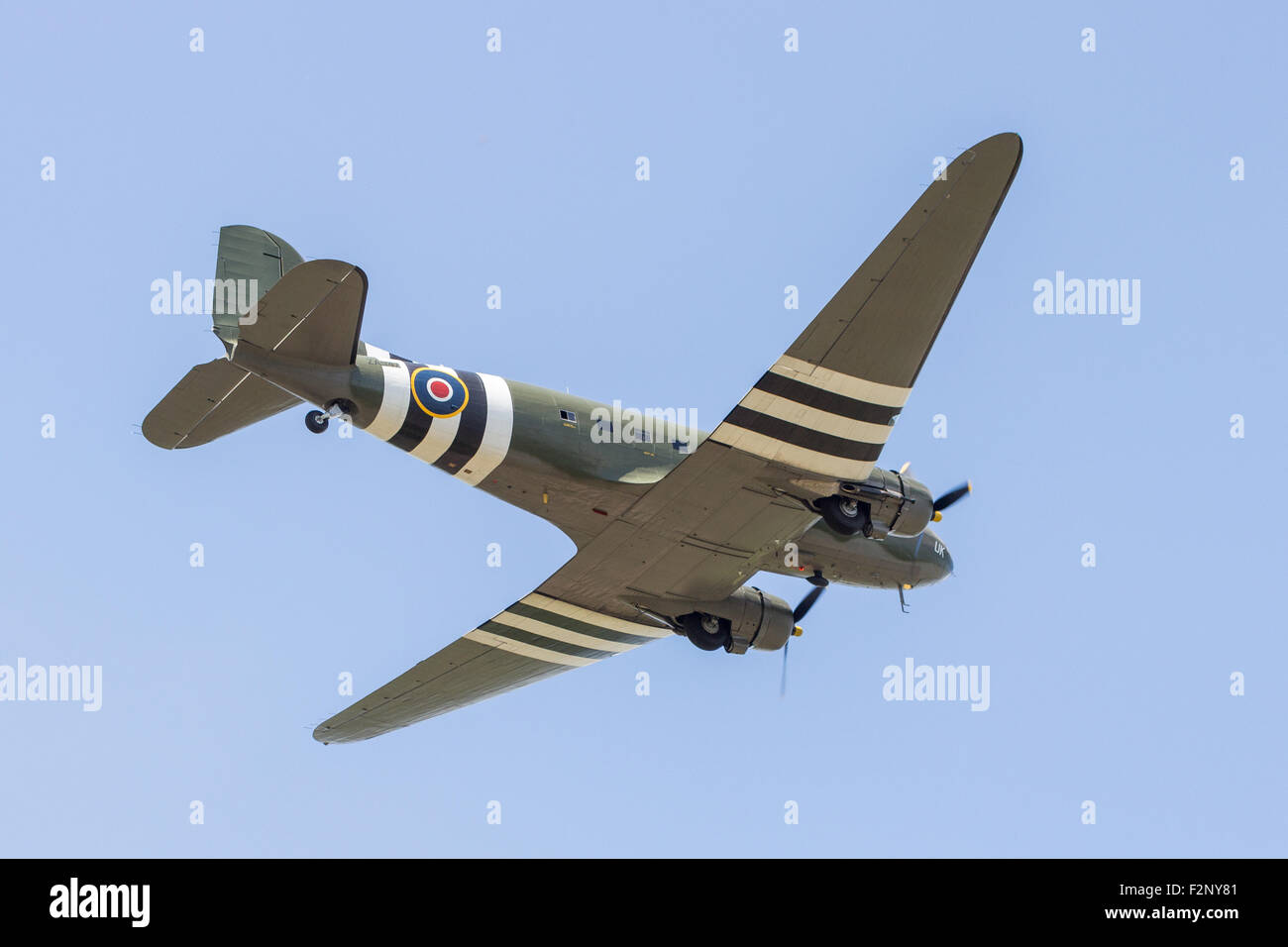 A C-47 Dakota (ZA 947) of the Battle of Britain Memorial Flight flying at the Great Central Railway's World War Two Weekend. Stock Photo