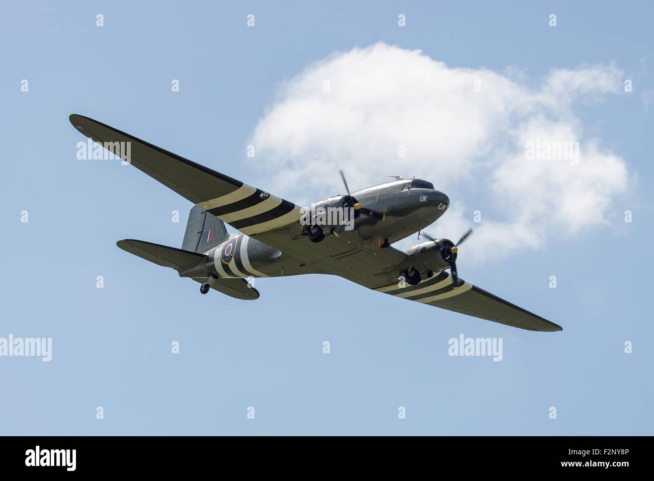 A C-47 Dakota (ZA 947) of the Battle of Britain Memorial Flight flying at the Great Central Railway's World War Two Weekend. Stock Photo