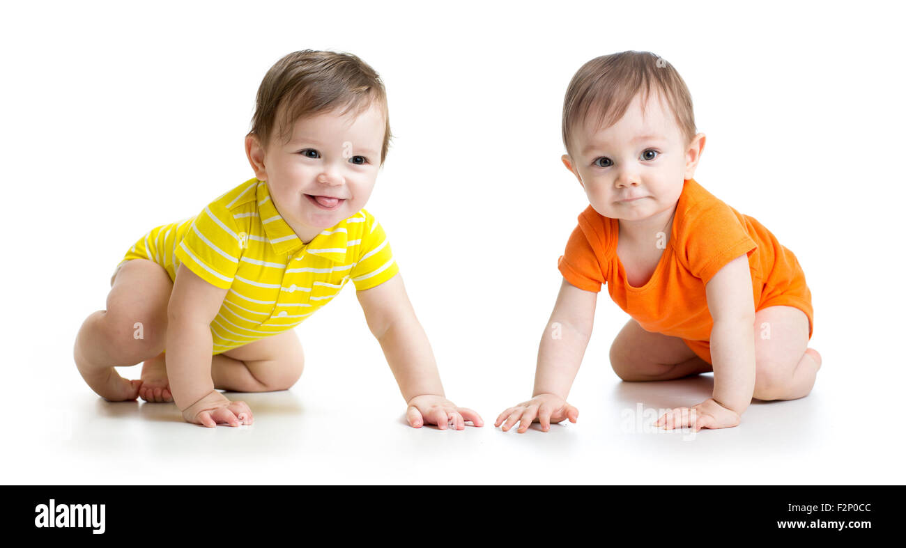 cute crawling babies boys isolated on white background Stock Photo